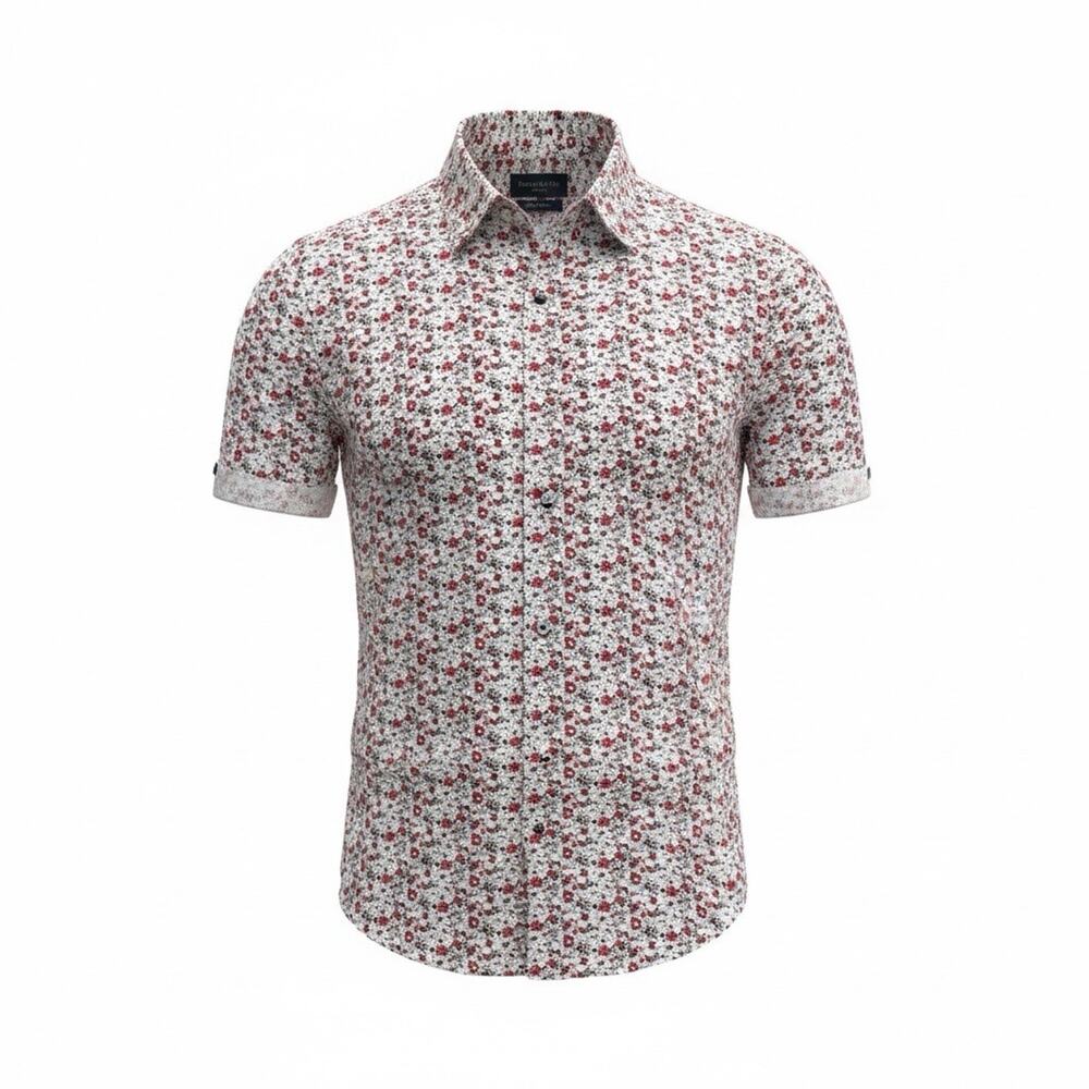Cactus Man Ricky Singh Men's Med Red Flower Pattern Button Up Short Sleeve A138